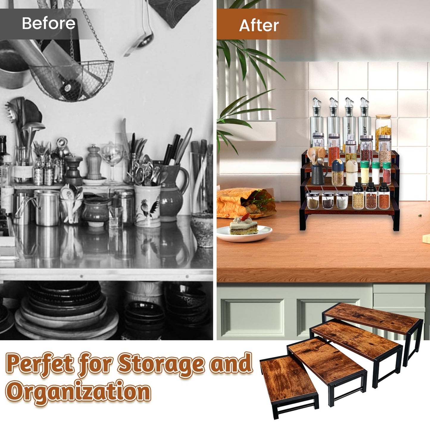 NANXITU 4 Pcs Wood Risers Display Stand, 4 Tier Cupcake Holder with Metal Frame Wooden Risers for Table Display, Perfume Collectibles Organizer Shelf, Tiered Riser for Vendors, Buffet Risers for Food Desserts Party Decor
