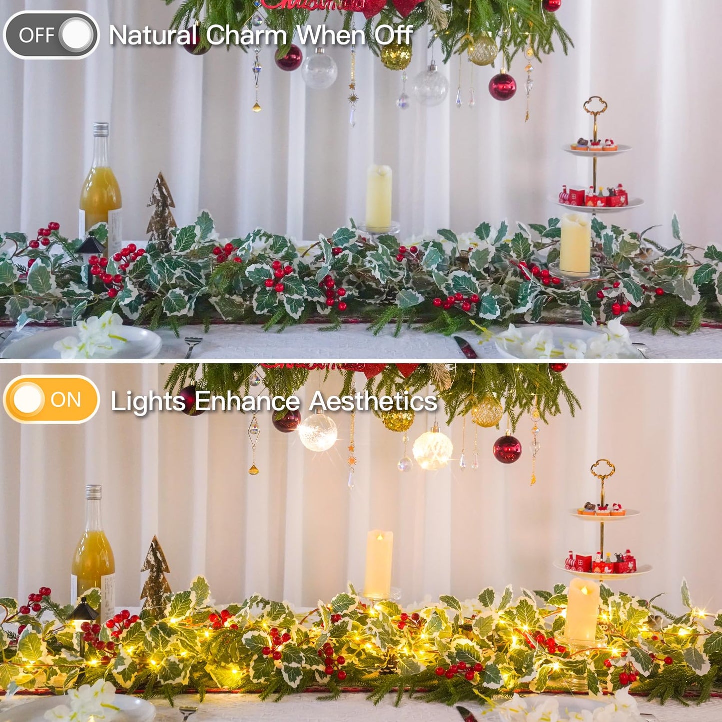 suddus 40 LED Christmas Fairy Lights Battery Powered,12.5ft Vine String Lights with Red Berries & Holly Leaf Timer Remote, Artificial Garlands for Fireplace, Bedroom,Porch,Door,Table,Stairs,Xmas Decor