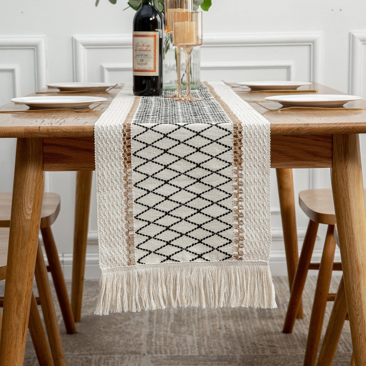 Mayler Yee Table Runner Linear End, Boho Style with Tassels, Cotton & Linen, Farmhouse Home Decor for Living Room Dresser Scarfs (12x72Inch, Black & Beige)