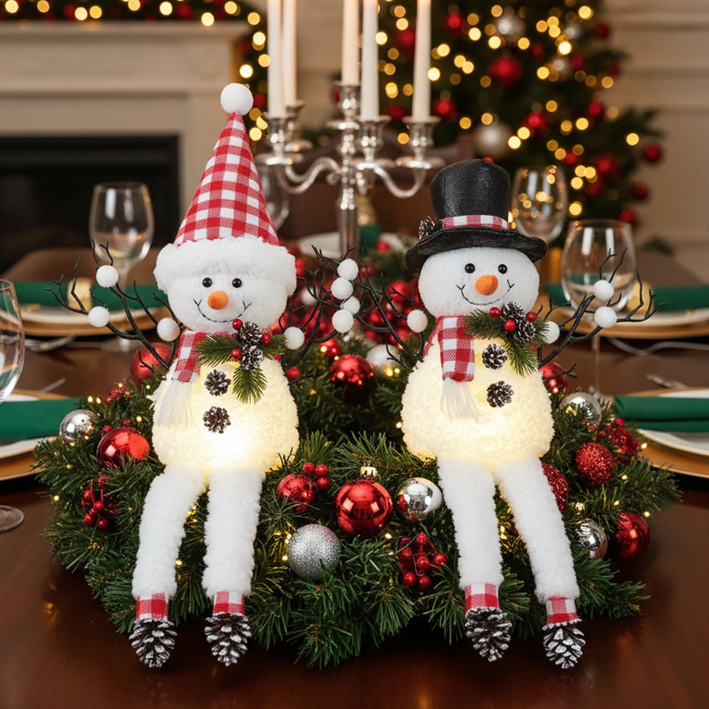 MWDJPXY 2 Pack Christmas Table Decorations, 18" Lighted Plush Snowmen Christmas Trees with Pine Cone Twigs, Light Up Snowman Holiday Present, Xmas Party Gifts Tabletop Ornaments (Red and White)