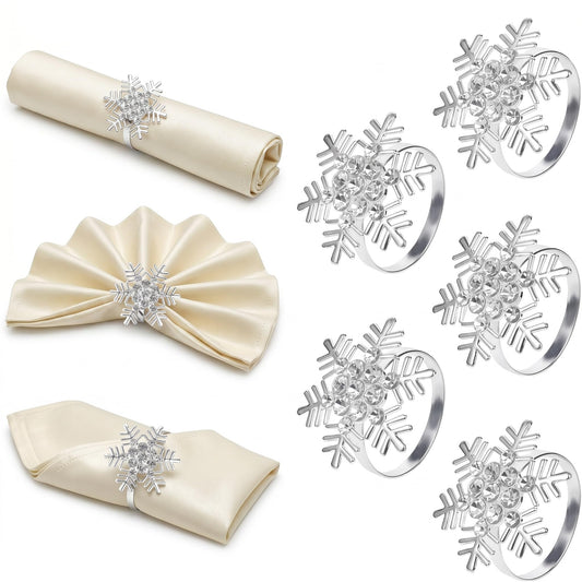 Christmas Napkin Rings Set of 8, Snowflake Metal Napkin Ring Holders, Silver Napkin Buckles for Christmas Table Decor, Holiday Party Dinner Wedding Banquet Table Settings Accessories