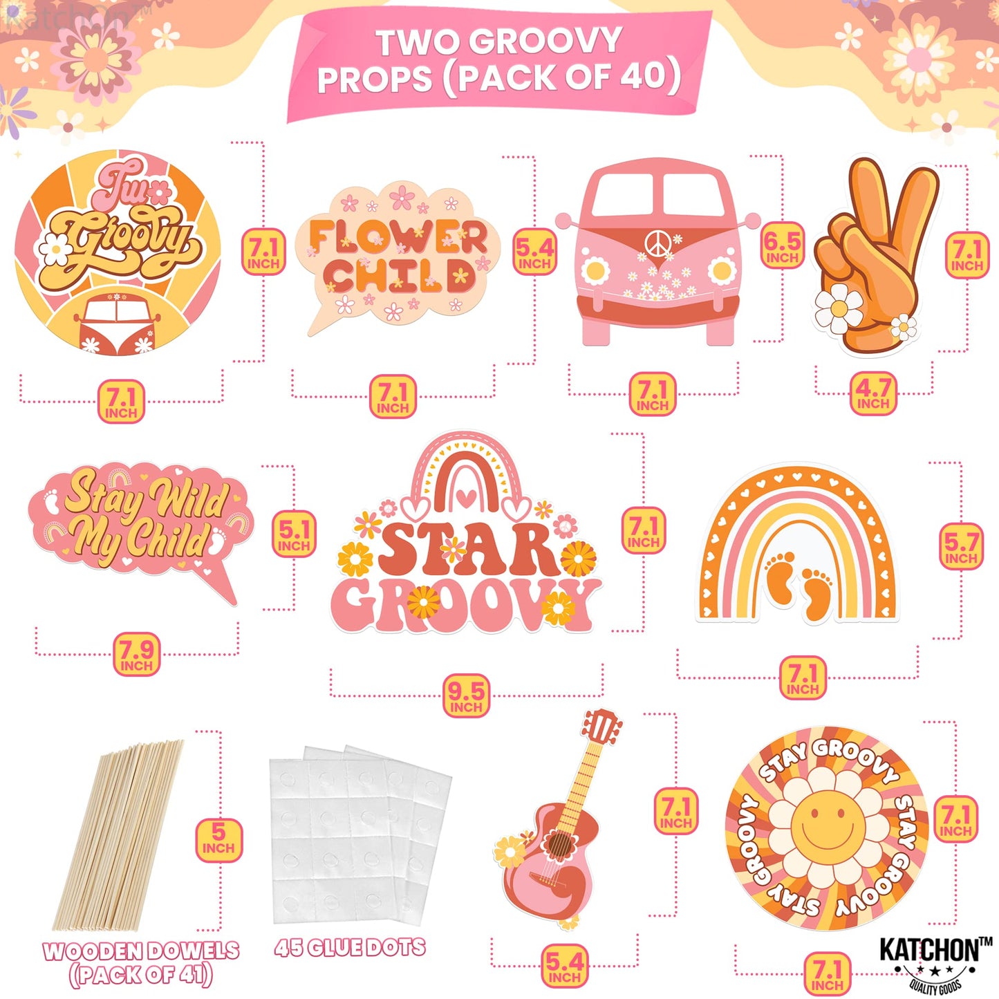 KatchOn Groovy Photo Booth Props - Pack of 40, 60s & Retro Props for Two, Hippie Party Decorations