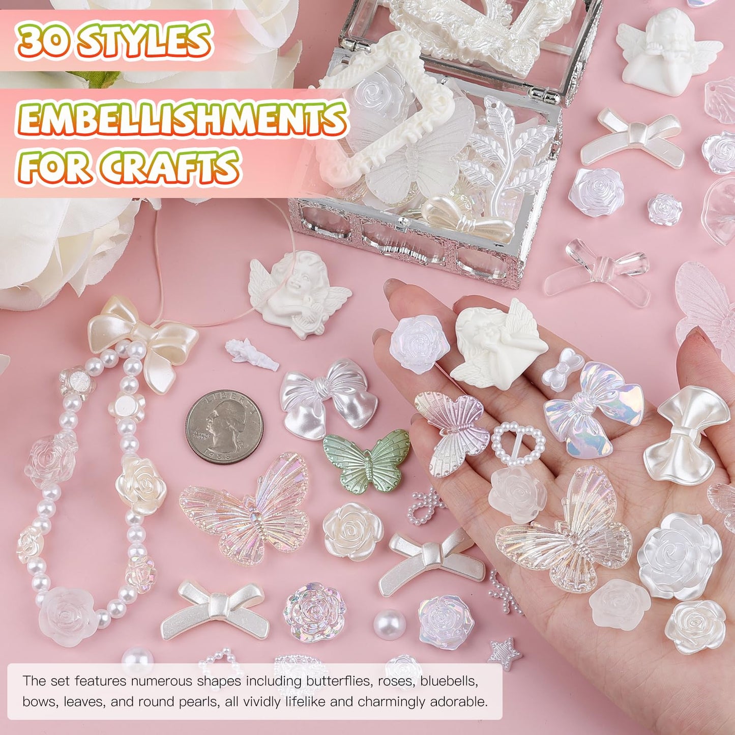 Kikonoke 350 Pieces 3D Resin Rose Flower Bows Butterfly Embellishments Angel Charms Picture Frame with Flatback Pearl Beads for Craft DIY Making Supplies (White)