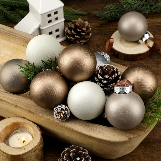 Suilung 12 Pcs Modern Neutral Christmas Ball Ornaments Set 2.4 Inch Rustic White Brown Xmas Baubles Shatterproof Textured Farmhouse Modern Christmas Decor for Xmas Tree Holiday Indoor Home Decor