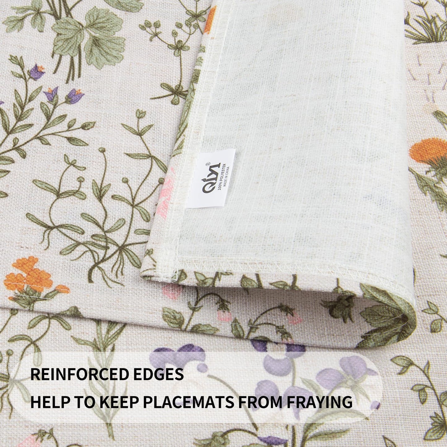 QiyI Boho Placemats Set of 4, 12x18 Inch Linen Fabric Floral Place Mats for Kitchen Dinning, Farmhouse Rustic Cloth Table Mats, Washable Placemat Botanical Party Table Décor, Wildflowers Herbs