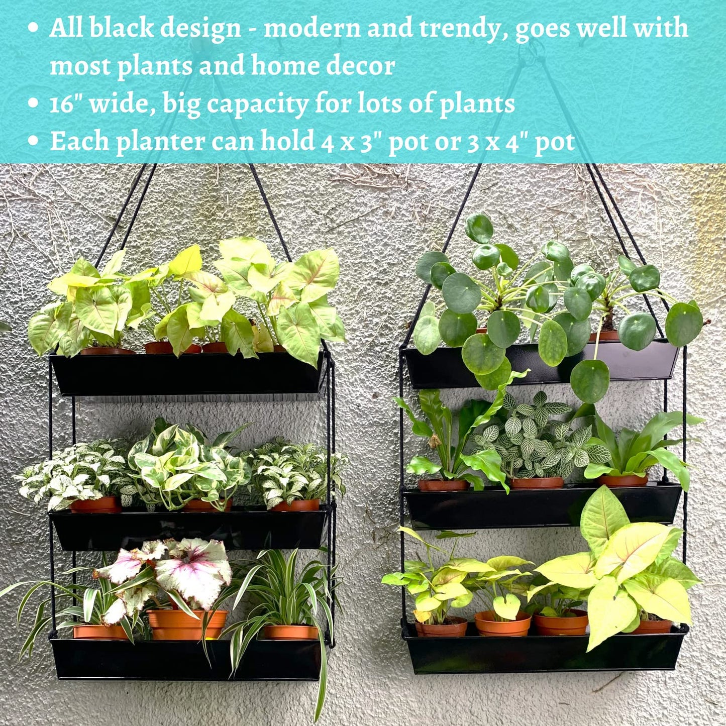 LaLaGreen 16 Inch Wall Mounted Tiered Planter for Indoor Succulent Plants, 3 Tier Modern Black Rectangular Metal Planter