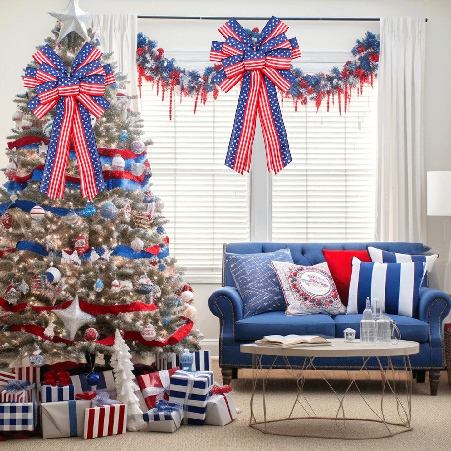 EVRWO 2 PCS Large Patriotic Wreath Bows Star and Stripe America Flag Bow 4th of July Red Blue Burlap Bow for Veteran's Day Independence Day Memorial Day Front Door Holiday Party Home Decor 20 * 12"