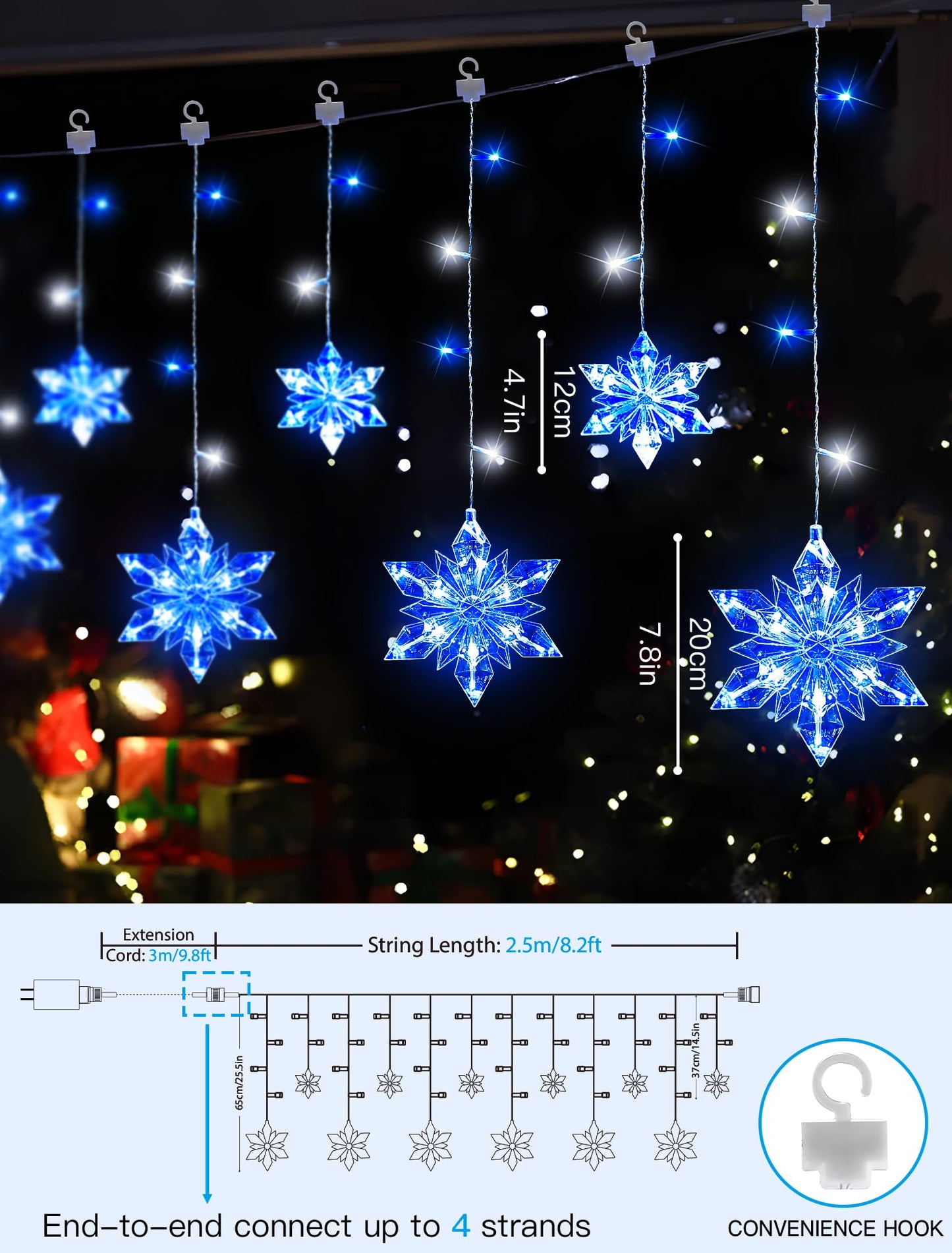 BEEWIN Christmas Snowflake Lights Outdoor,8.2 FT 144 LED Snowflake Icicle Lights with 12 Drops,8 Modes Timer Waterproof Connectable Xmas Light for Eaves,Windows,Curtain,Indoor Outdoor(Blue White)