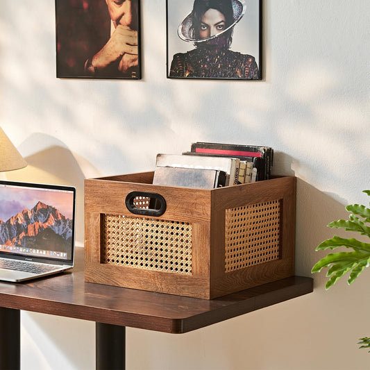 LELELINKY Vinyl Record Storage Crate, Rattan Vinyl Record Holder with Handle, Wood Record Crate for Vinyls Holder up to 75 LP's, Desktop Cube Album Storage for Vinyls Records(Tea Brown)