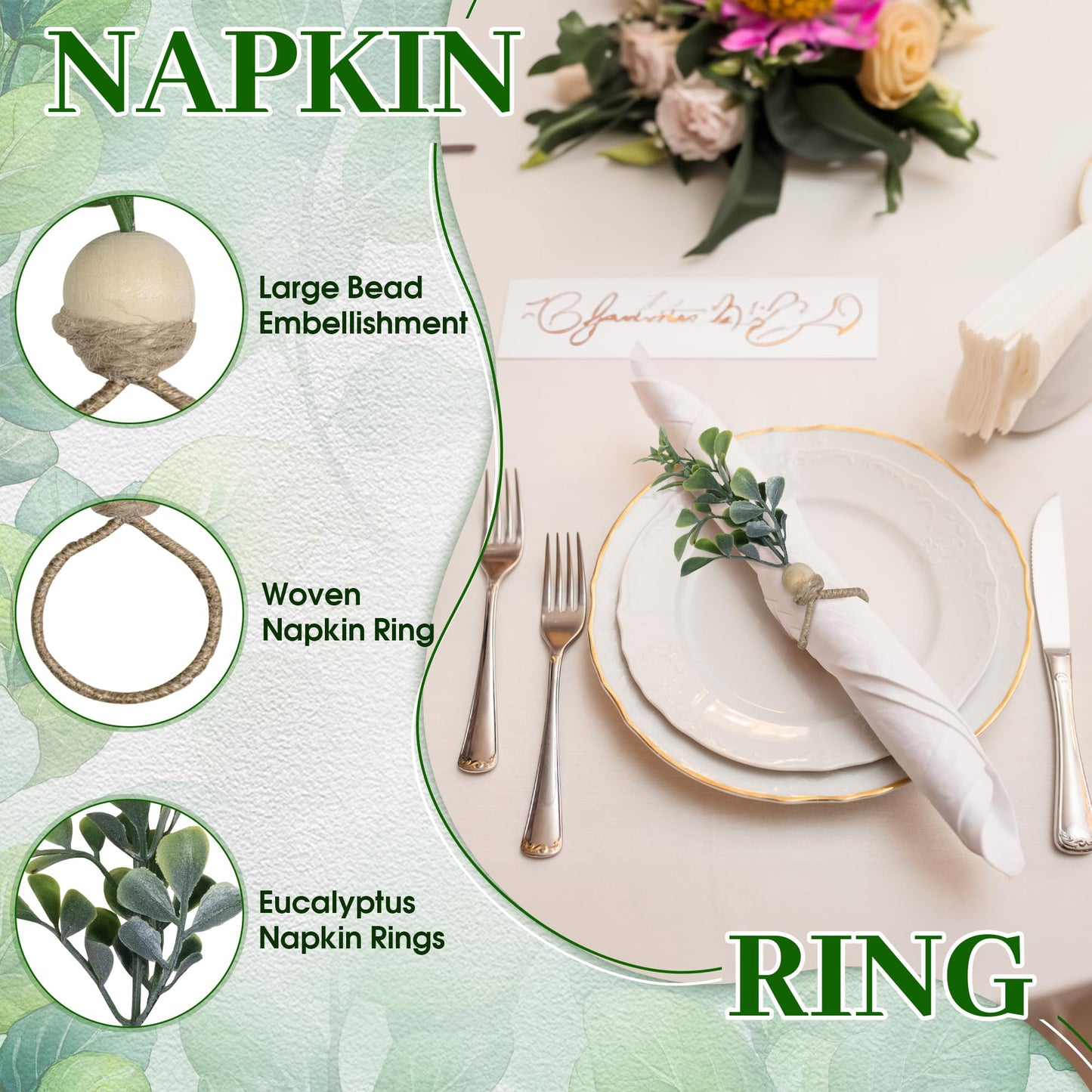 MAOANME Napkin Rings Set of 12, Rustic Eucalyptus Napkin Holder Rings with Wood Bead, Farmhouse Green Leaf Napkins Ring Bulk, Boho Napkins Ring for Wedding, Table Decor
