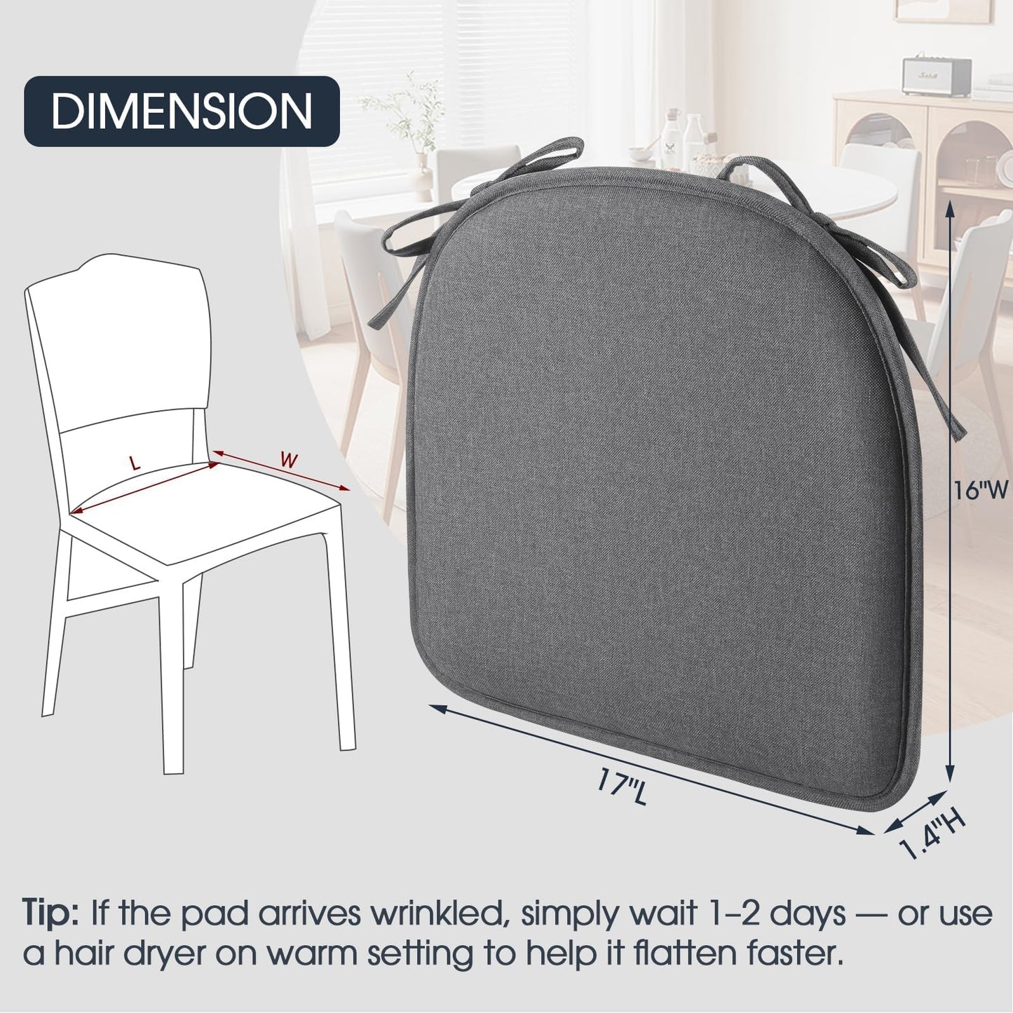 TushGuard Chair Cushions for Dining Chairs Set of 4, Soft Seat Cushions for Kitchen Chairs, Non-Slip Bottom with Ties, Comfortable Everyday Chair Pads, Grey