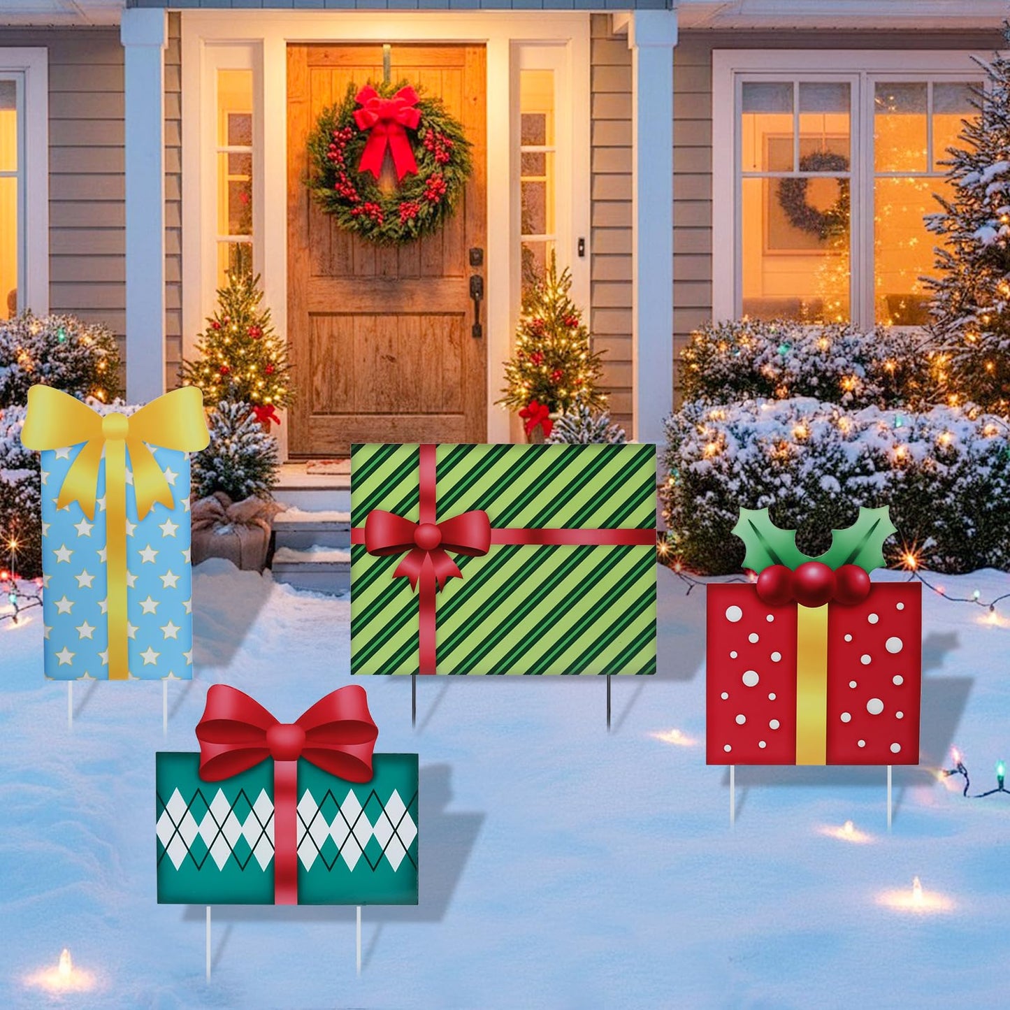 Bshine Outdoor Christmas Decoration Yard Sign, 41.5" Box Metal Stakes, Stackable Gift Boxes for Holiday Home Xmas Outdoor Garden, Lawn, Patio, Porch Decor, 4 Pack