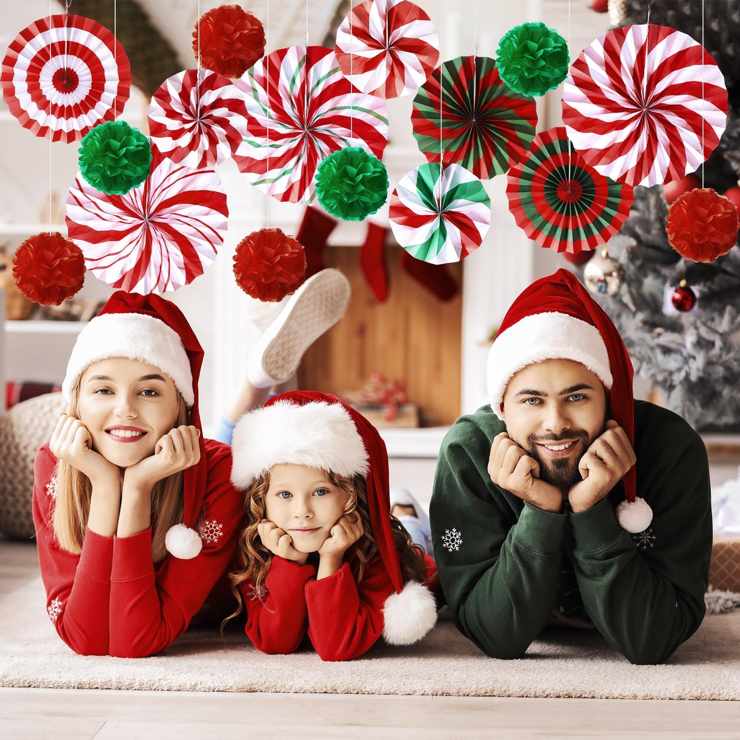Outus 21 Pcs Christmas Candy Hanging Paper Fans Peppermint Christmas Banners Xmas Classroom Ceiling Decorations Tissue Poms Honeycomb Ball Ornaments for Birthday Wall Decor Supplies(Classic)