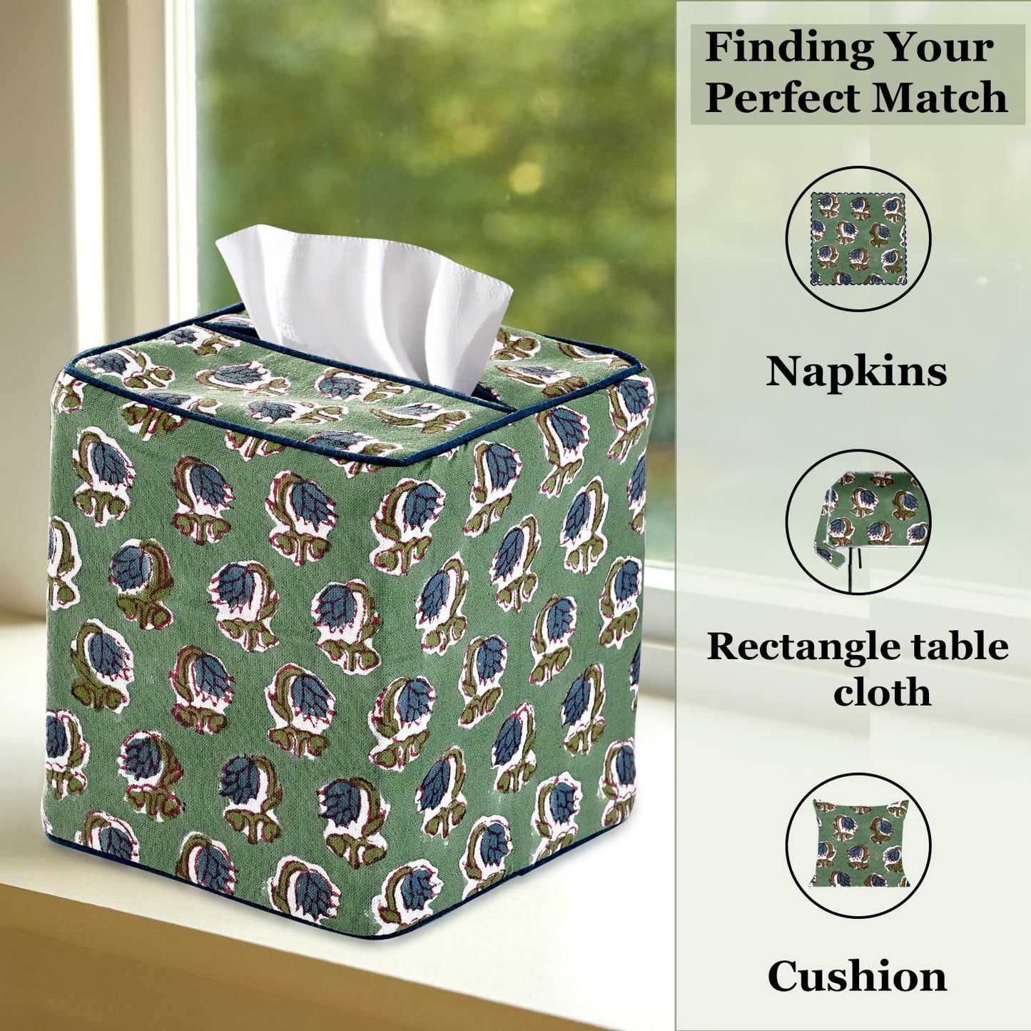 Ridhi Basil Green Block Print Tissue Box Cover Handmade Cotton Fabric Decorative Square Napkin Holder for Home Bedroom Living Room Bathroom Vanity Countertop Car Night Stands Office Kitchen