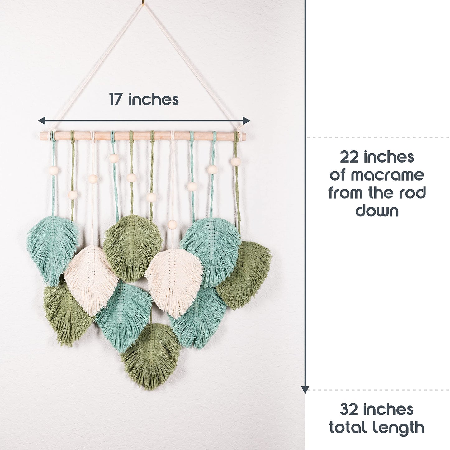 SnugLife Macrame Wall Hanging Leaves - Large Chic Feather Boho Decor, Handmade Yarn Woven Art Leaf Tapestry for Nursery, Bedroom, Living Room, 17 X 22 Inch (Green, Sage Green & Beige)