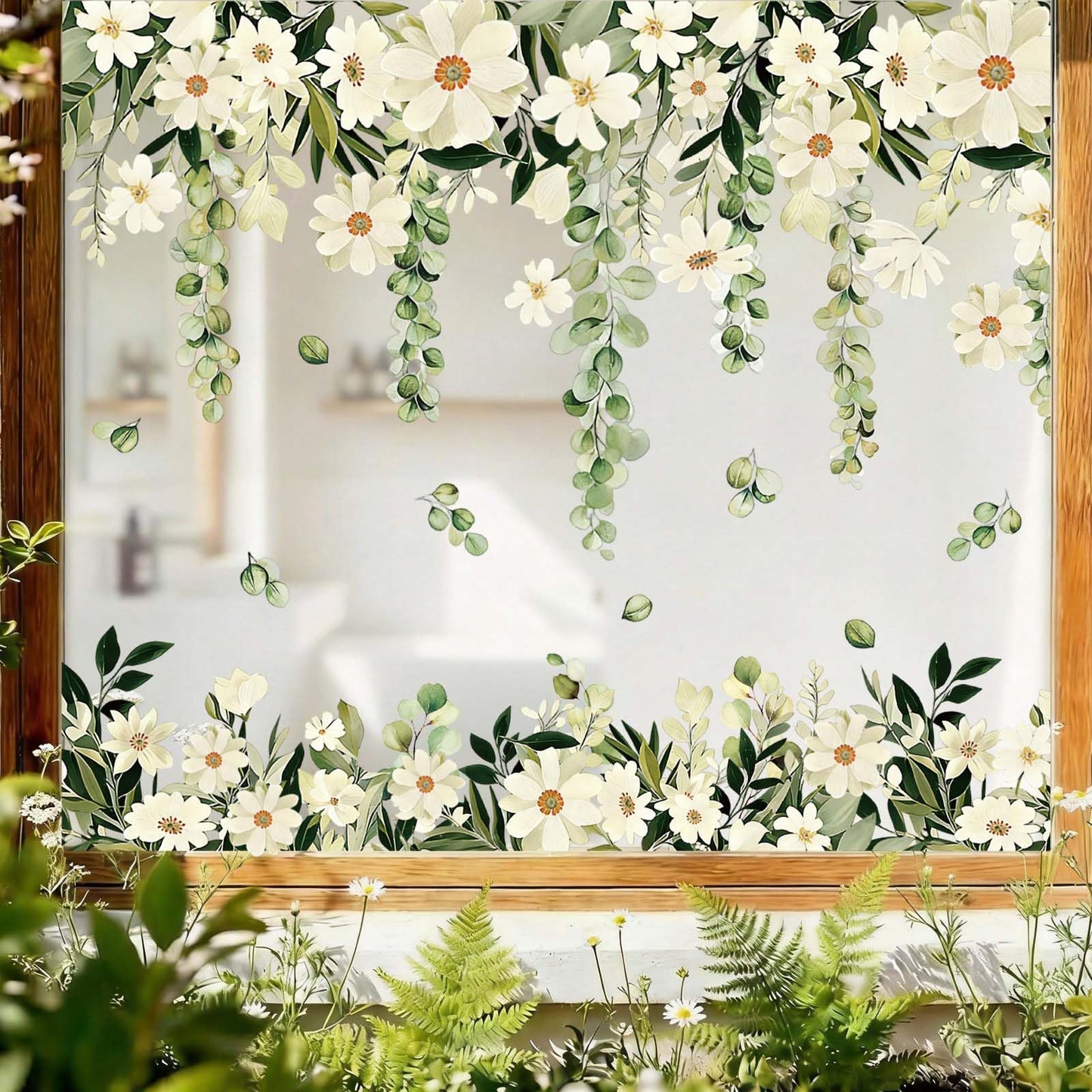 Daisy Spring Flowers Window Clings Eucalyptus Leaves Window Decals Hanging Vine Floral Leaf Double-Sided Reusable for Home School Office Decor Party Supplies,6 Sheets