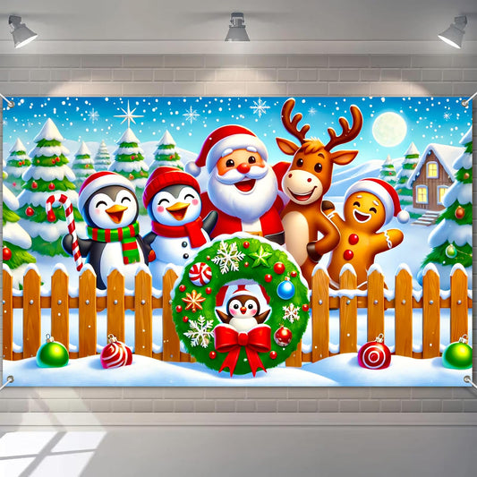 BlissYard Christmas Banner with Santa Claus Penguin Reindeer Gingerbread Snowman Scene Christmas Banner 71x43 Inch Cute Cartoon Holiday Backdrop for Xmas Party Indoor Outdoor Wall Yard Fence Decor