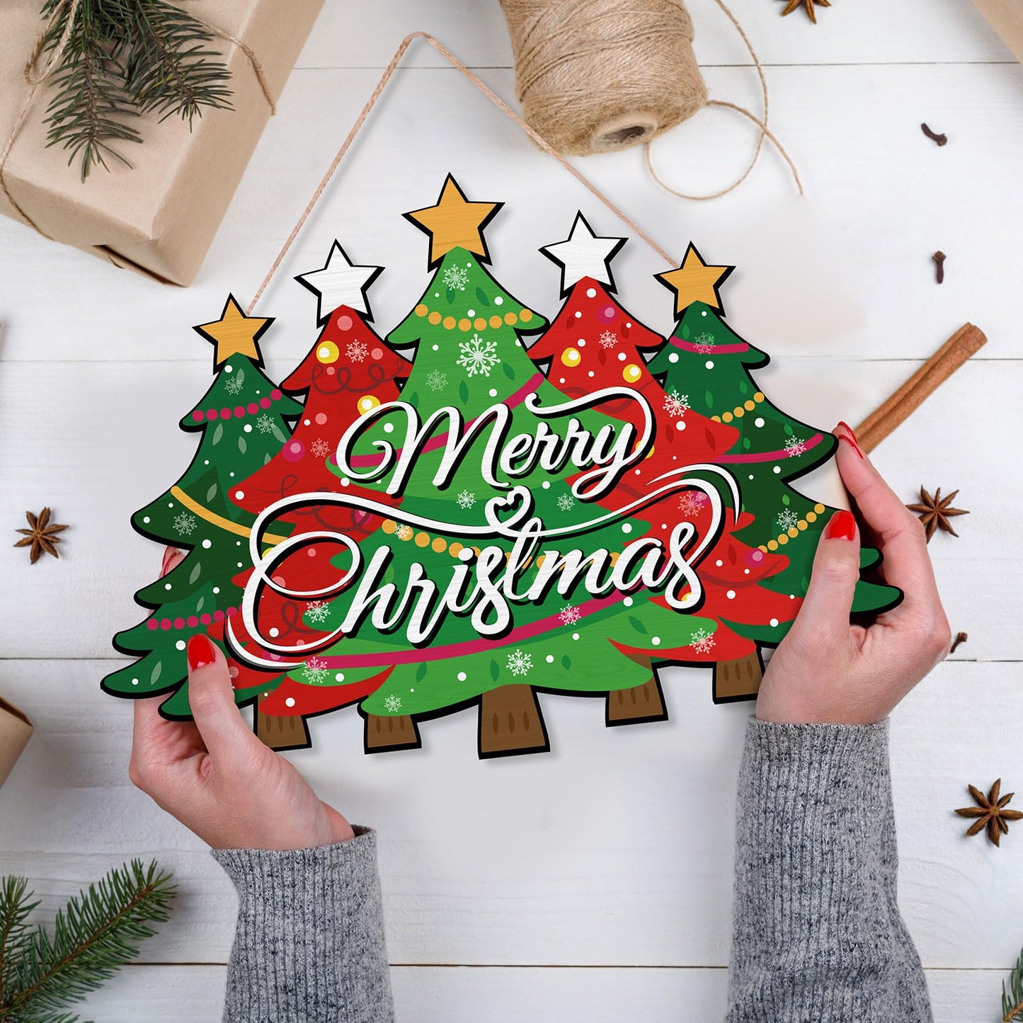 Merry Christmas Door Sign,Christmas Decor, Tree Wood, Decorations Hanging Sign,Merry Welcome Sign,Farmhouse Hanging Plaque Porch Xmas Front Outdoor Home Decor
