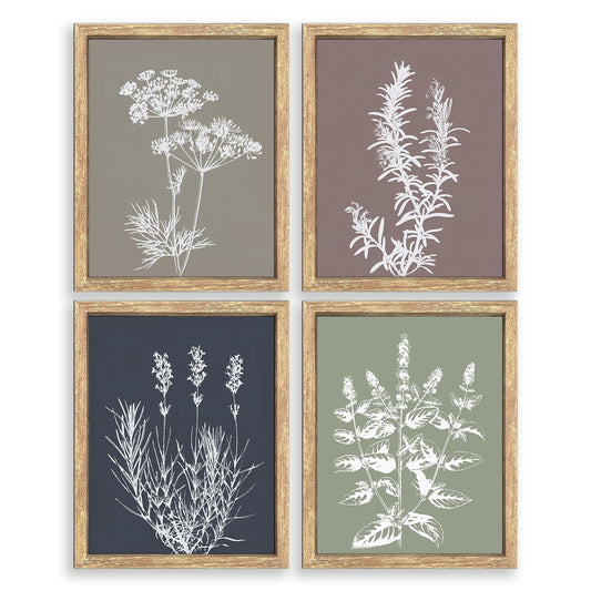 GUMEYJIA Boho Wall Art Set of 4 Framed Herb Prints Botanical White Floral Sketches with Gray and Sage Green Background Modern Farmhouse Decor Home Kitchen Wall Decor (8x10 in)