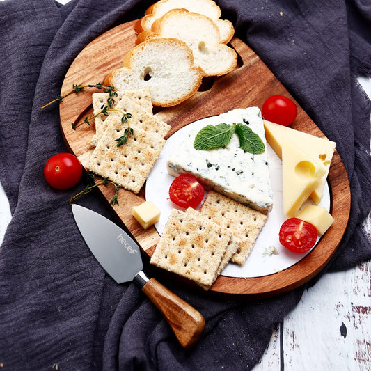 hecef Oval Wooden Cheese Board Set, Acacia Wood Cheese Serving Board with White Marble & Cheese Knife, Cheese Serving Tray for Cheese, Cake, Appetizers