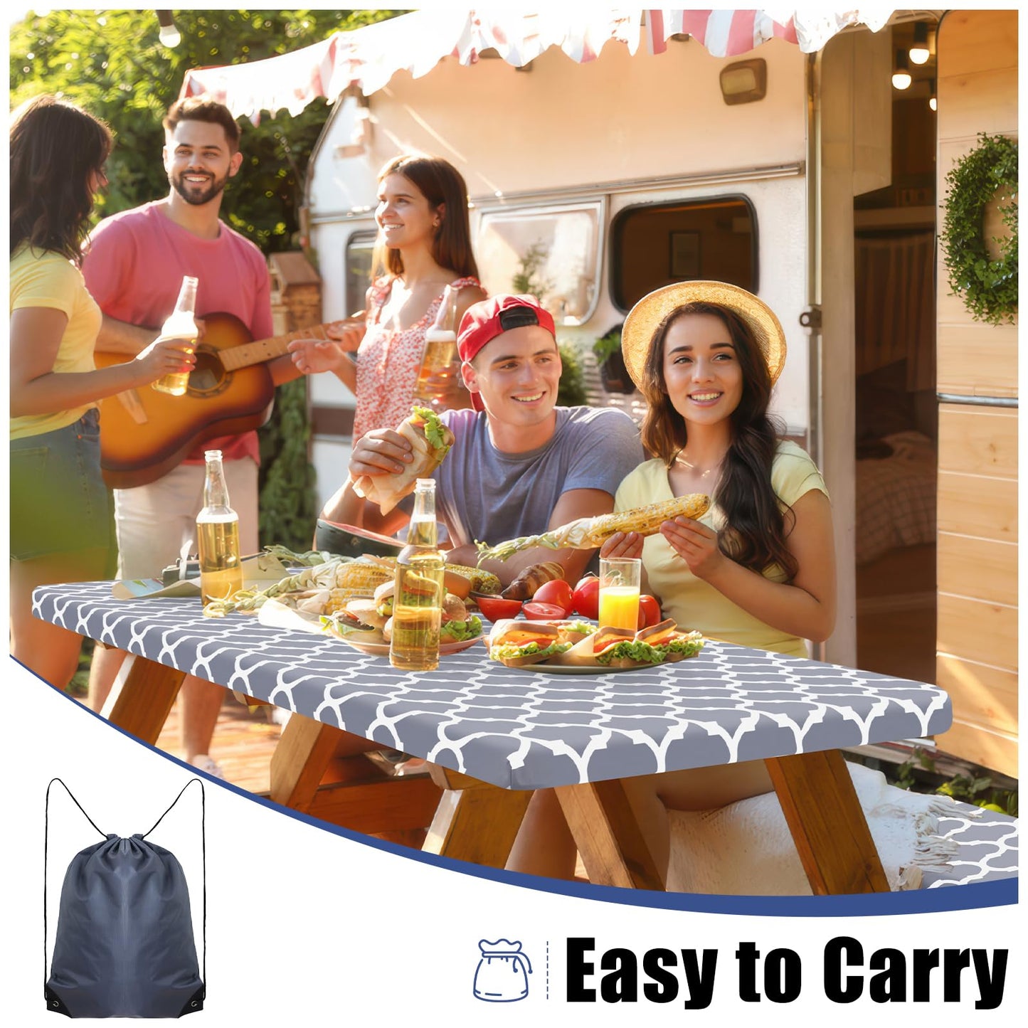 Smiry Picnic Table Cover with Bench Covers, Waterproof Elastic Fitted Tablecloth for 6 Foot Tables, Washable Polyester Tablecloths for Camping, Indoor & Outdoor (Grey, 30x72 Inch 3-pc Set)