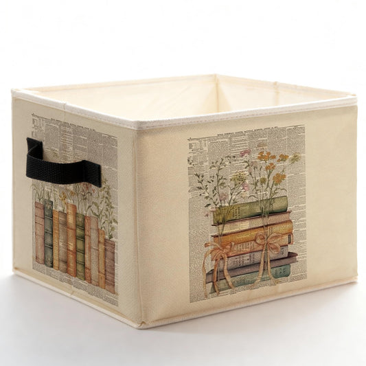 Fyecoluo Vintage Floral Book Storage Bins Box with Handles, Reading Lover Bookish Gifts Foldable Basket Toybox for Reading Corner Nook Room Library Classroom Bedroom Home Clothes Toys Books