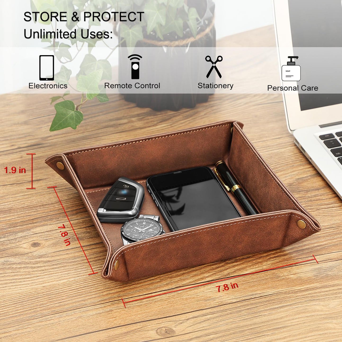 SITHON Valet Tray Desktop Storage Organizer – Premium PU Leather Catchall Bedside Vanity Tray Nightstand Caddy Holder for Keys, Phone, Wallet, Coin, Valentine's Day Gift, Brown