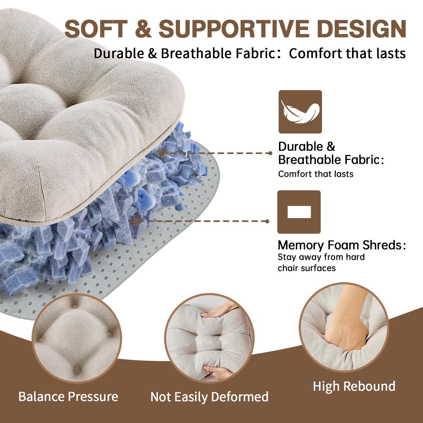 BETU Chair Cushions for Dining Chairs Set of 4,3.5" Thick Kitchen Table Chair Pads with Ties,Non Slip Backing and Covers, Seat Cushion for Dining Room,Bar,Patio Chairs,15.5"X15.5"X3.5",Beige