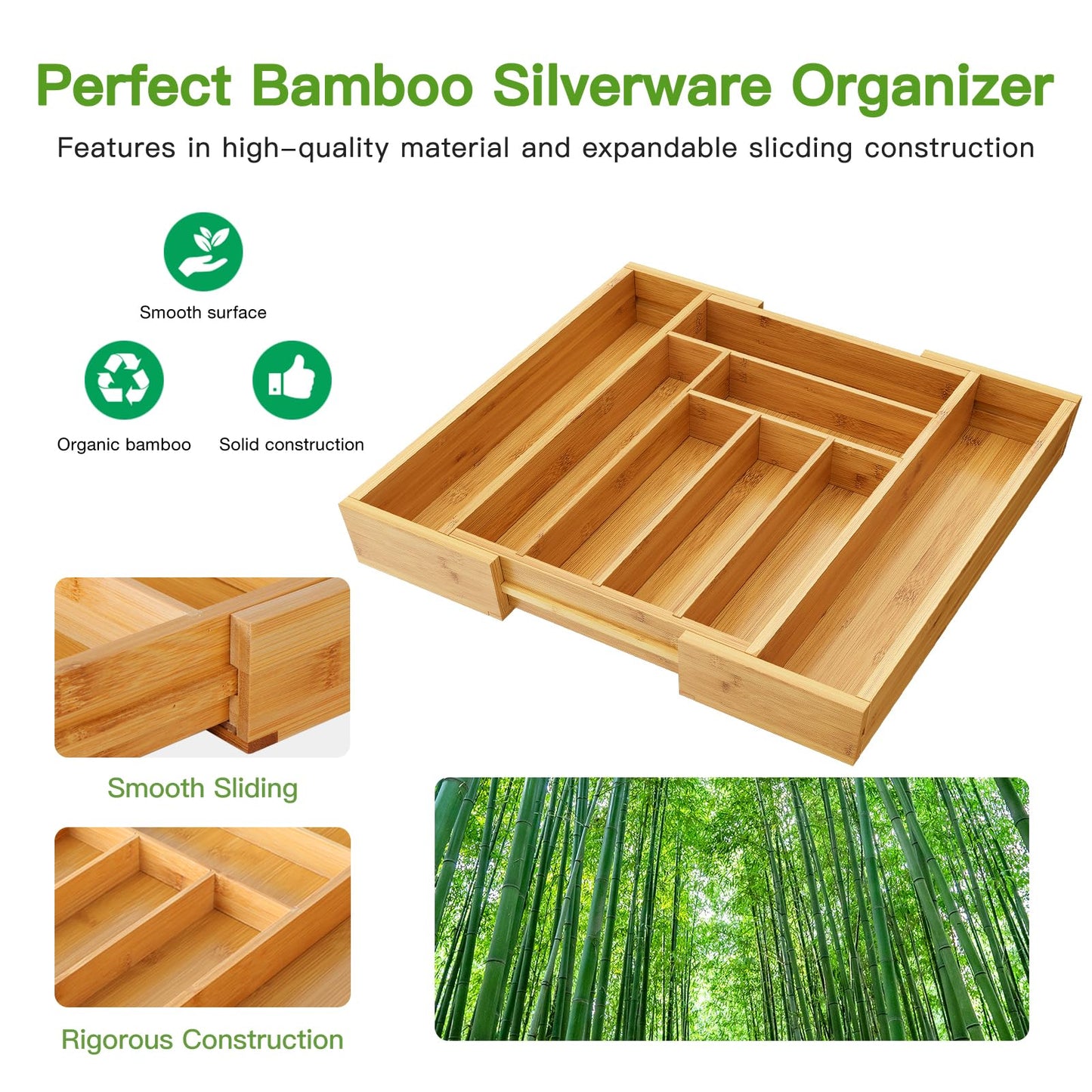 Pipishell Bamboo Expandable Silverware Drawer Organizer, Adjustable Kitchen Utensil Tray for Forks, Spoons and Knives, Wood Storage Cutlery Holder for Bedroom and Living Room