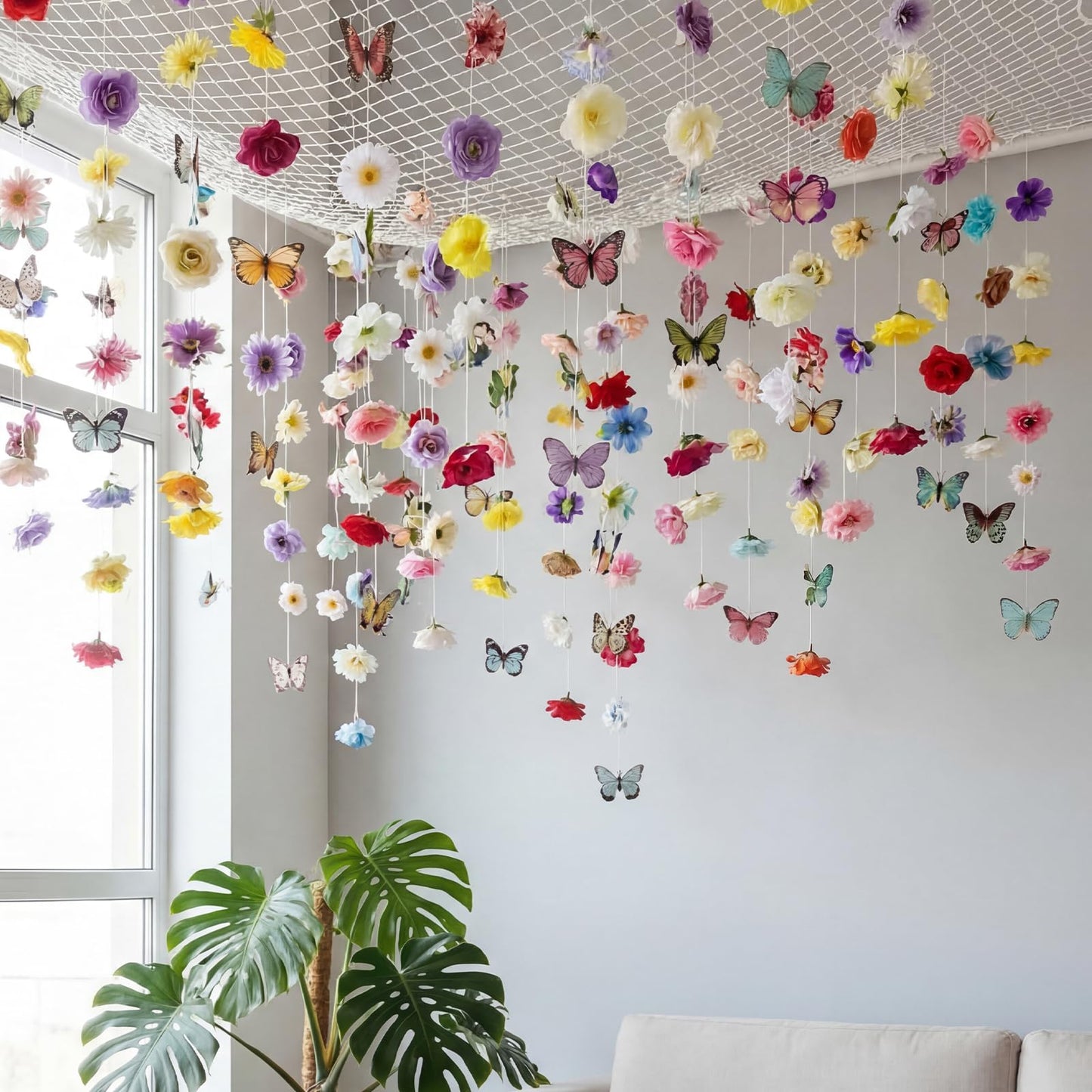 Suncalla 6 Pcs Artificial Flower Butterflies Garland Hanging Decorations 5.9 ft Flower Curtain Backdrop with Hooks Indoor Decor for Wedding Spring Party Birthday Baby Shower Home