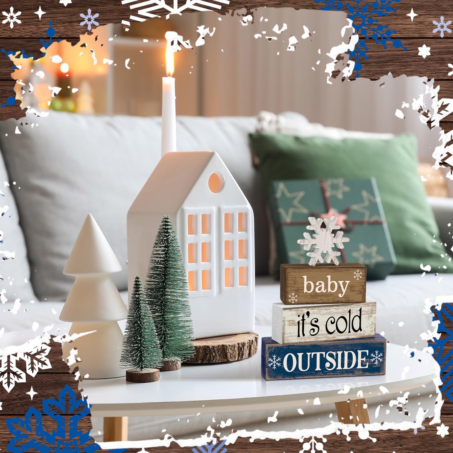 Moucuny 4 Pcs Winter Wooden Tabletop Decor Snowflake Tiered Tray Decor Winter Centerpiece Rustic Snow Block Signs Farmhouse Table Shelf Decoration for Home Office Party