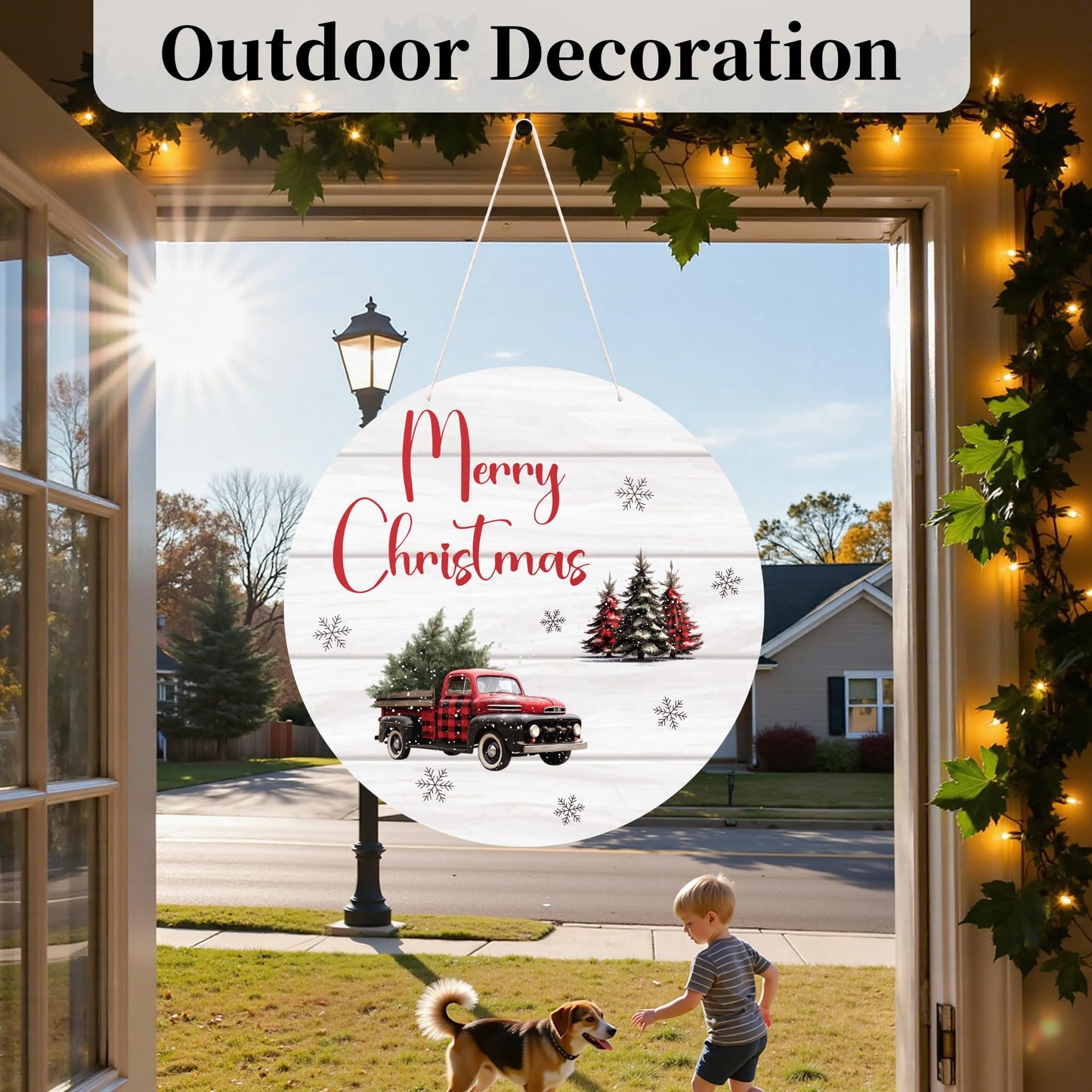 Merry Christmas Wood Hanging Sign, Christmas Welcome Decor for House Front Door