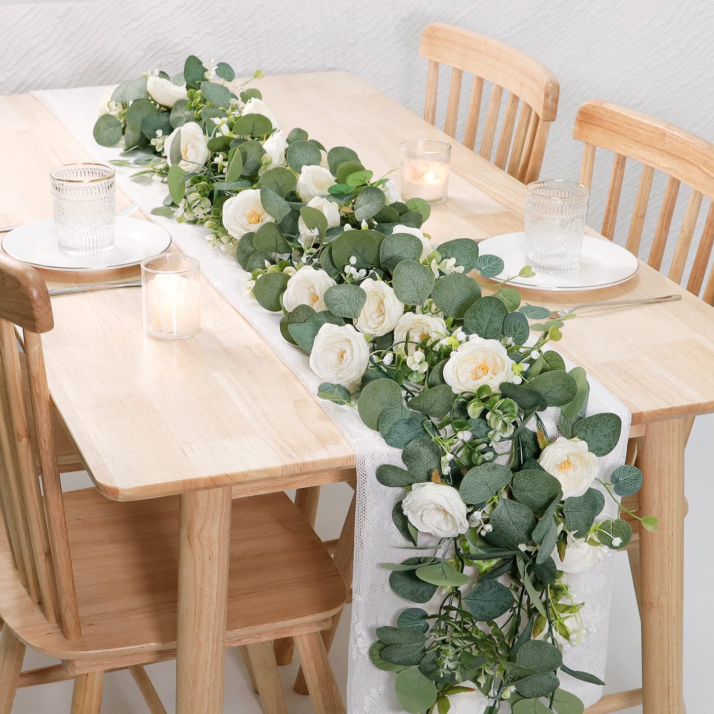 TOCHGREEN 2 Pack 13Ft Artificial Eucalyptus Flower Garland with White Roses, Fake Rose Flower Greenery Garland Floral Vines for Wedding Home Party Table Runner Decor (2PCS, White)