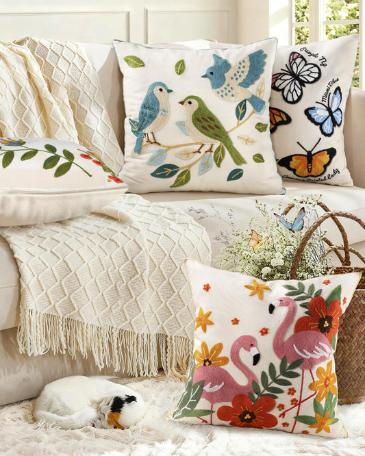 Kokaaee Embroidered Throw Pillow Cover 18x18 Inch - Spring Boho Decorative Pillow Covers with Zipper for Couch Sofa Bedroom Living Room Cushion Pillowcase, Birds Leaves