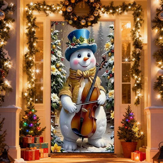 NECGNIQ Christmas Door Cover, Elastic New Year Front Door Sleeve Decoration Snowman Porch Sign Christmas Ball Photography Background Banner Holiday Decor(Style 2)