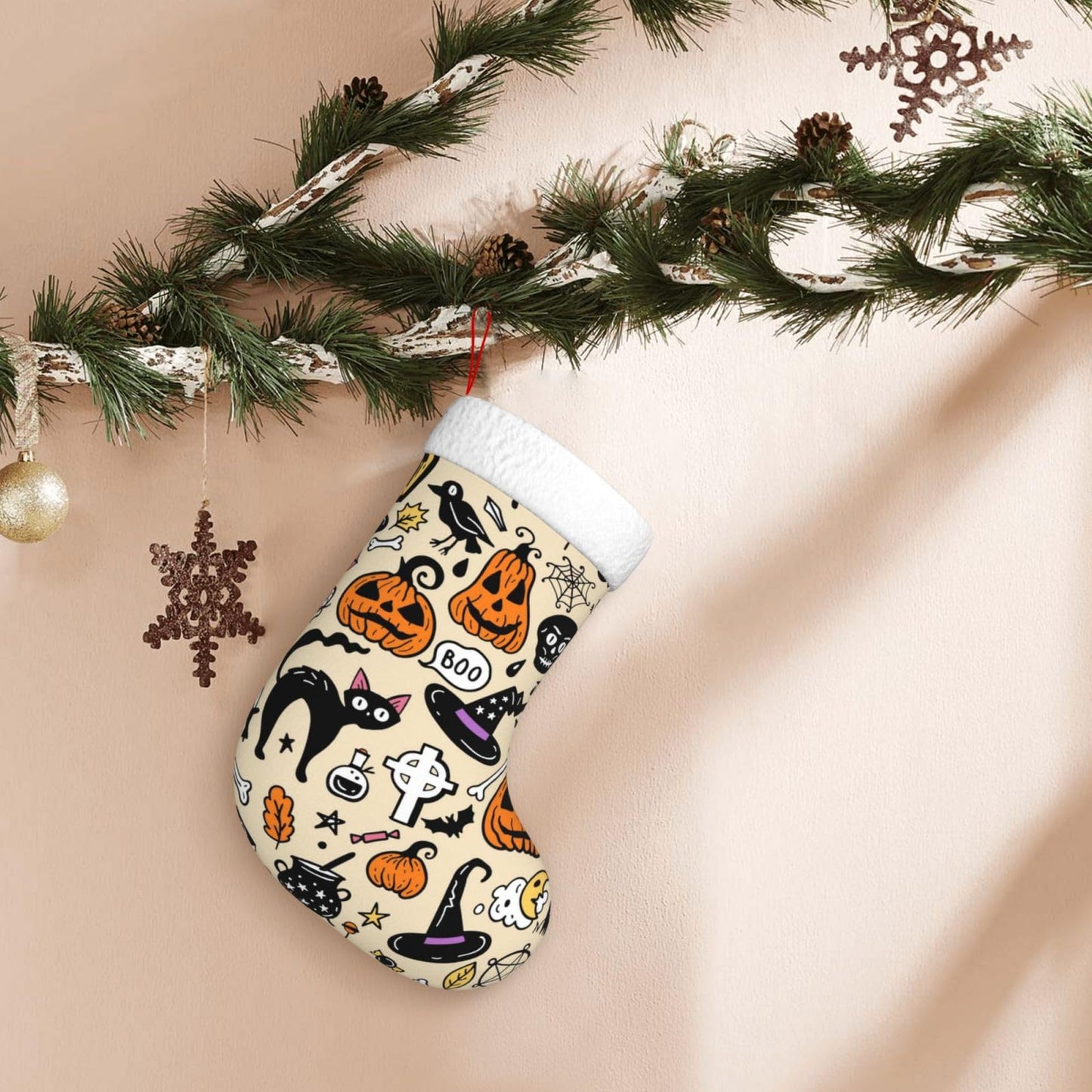 Halloween Cat Pumpkin Christmas Stockings Hanging Decoration Stockings 17.7 Inch Xmas Stockings for Fireplace Family Party Holiday Decor 1PCS
