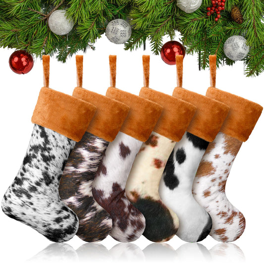 Glimin 6 Pack Cow Print Christmas Stockings 20 Inch Large Plush Xmas Animal Cuff Stockings Hanging Ornaments Socks for Western Fireplace Mantel Stairway Decorations(Brown Cuff)