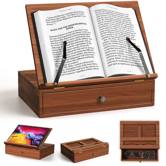 Book Stand with Storage, Book Holders for Reading Hands Free, Wooden Cookbook Stand with 4 Adjustable Height for Recipe,Magazine,Laptop,Tablet, Bible