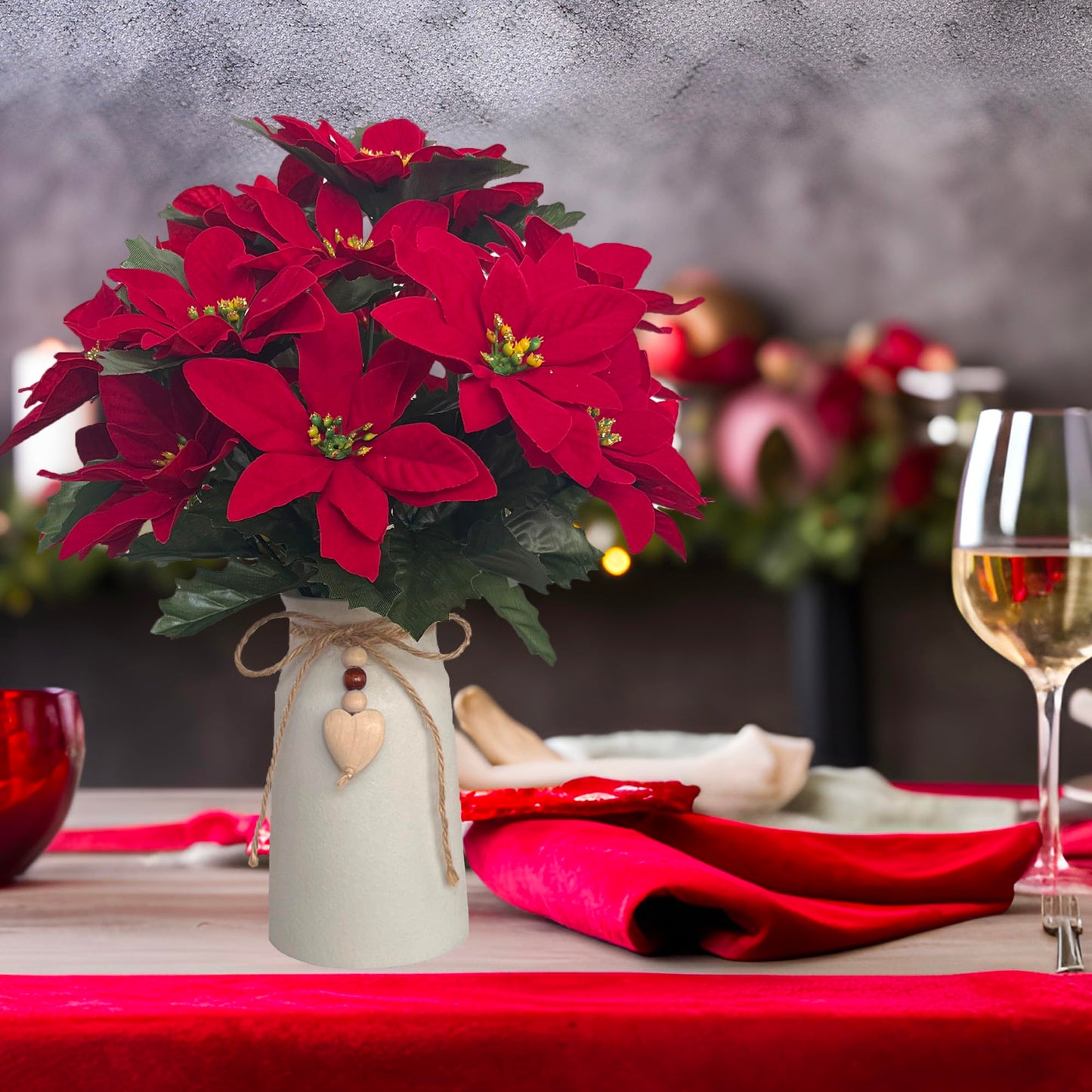 hopeme Artificial Red Poinsettia Christmas Flower Arrangement in Decorative White Vase, Holiday Floral Centerpiece with Heart Accent, Perfect Christmas Décor for Home, Office, or Gifts
