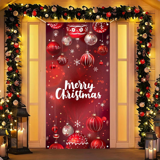 BlissYard Merry Christmas Door Cover 71x35 Inch Front Porch Door Banners Decoration Winter Red Hanging Christmas Ornaments with Snowflakes for Sign Party Indoor Decor