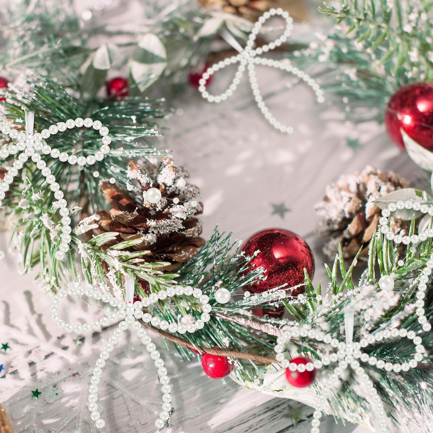 Chunful 37 Pcs Pearl Bow Christmas Tree Ornaments Pearl Bow Beads Garland Decorations for Xmas Cake Holiday Wedding Home Decor Crafts
