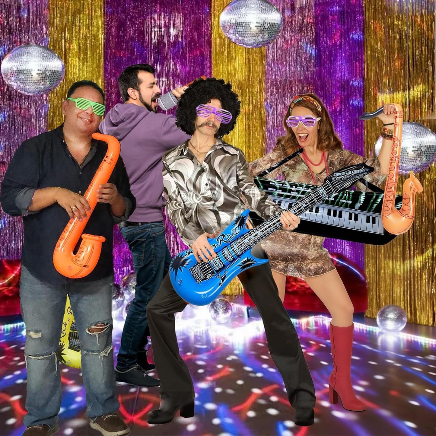 OuMuaMua Inflatable Rock Star Toy Set, 18 Pack Inflatable Party Props - 4 Inflatable Guitar, 6 Microphones, 6 Shutter Shading Glasses, 1 Saxophone and 1 Inflatable Keyboard Piano Inflatable Rock Toys