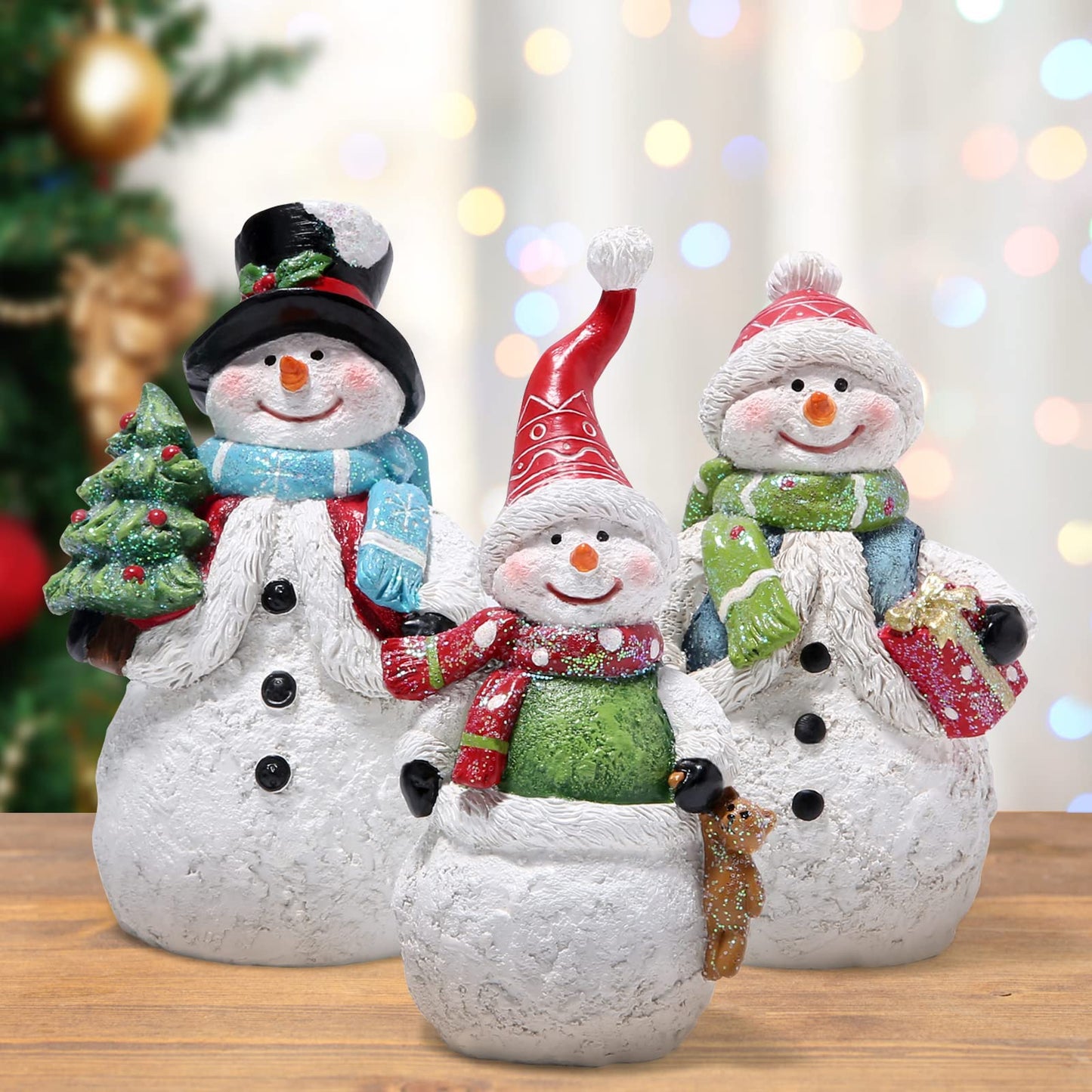 Hodao 3 PCS Christmas Snowman Family Decorations Xmas Snowman Figurines Winter Decor Handmade Figurines for Xmas Decor Gift - Christmas Party Home Decorations (Family)