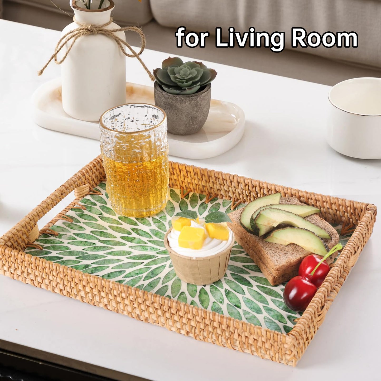 Tynulox Rectangle Rattan Tray with Mother of Pearl Inlay, Rattan Serving Tray with Handle for Coffee, Bread, Fruits, Snacks, Decorative Wicker Tray for Table Decor (Rectangle Green Leaf, 13"×9")