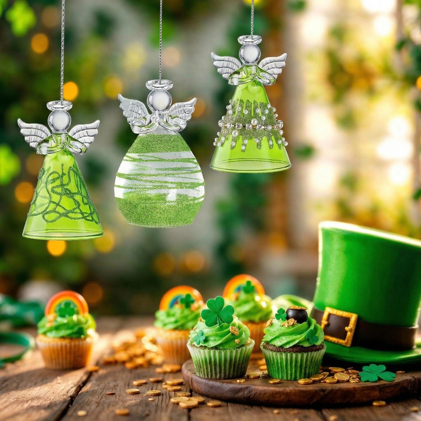 Green Glass Angel Ornaments Gift for Women, Set of 3 Crystal Guardian Angel Ornaments for Tree, 2026 Hand Blown Spun Glass Home Decor Irish Gift for Women