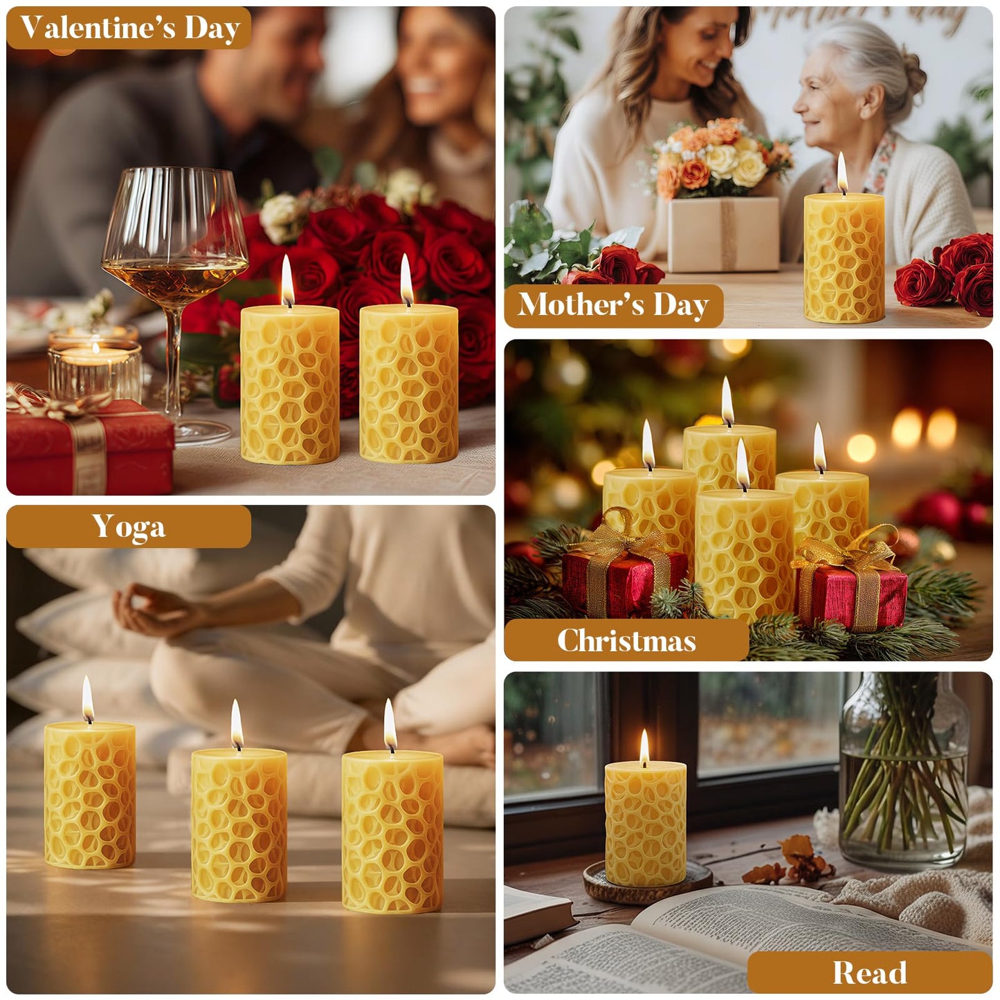 Ashlux Beeswax Pillar Candles 3x4 inch, 100% Pure Beeswax Candles-116 Hours Long Burning, Unscented and Dripless Pillar Candles Bulk for Christmas Lights,Wedding,Parties, Spas,Home Decorative