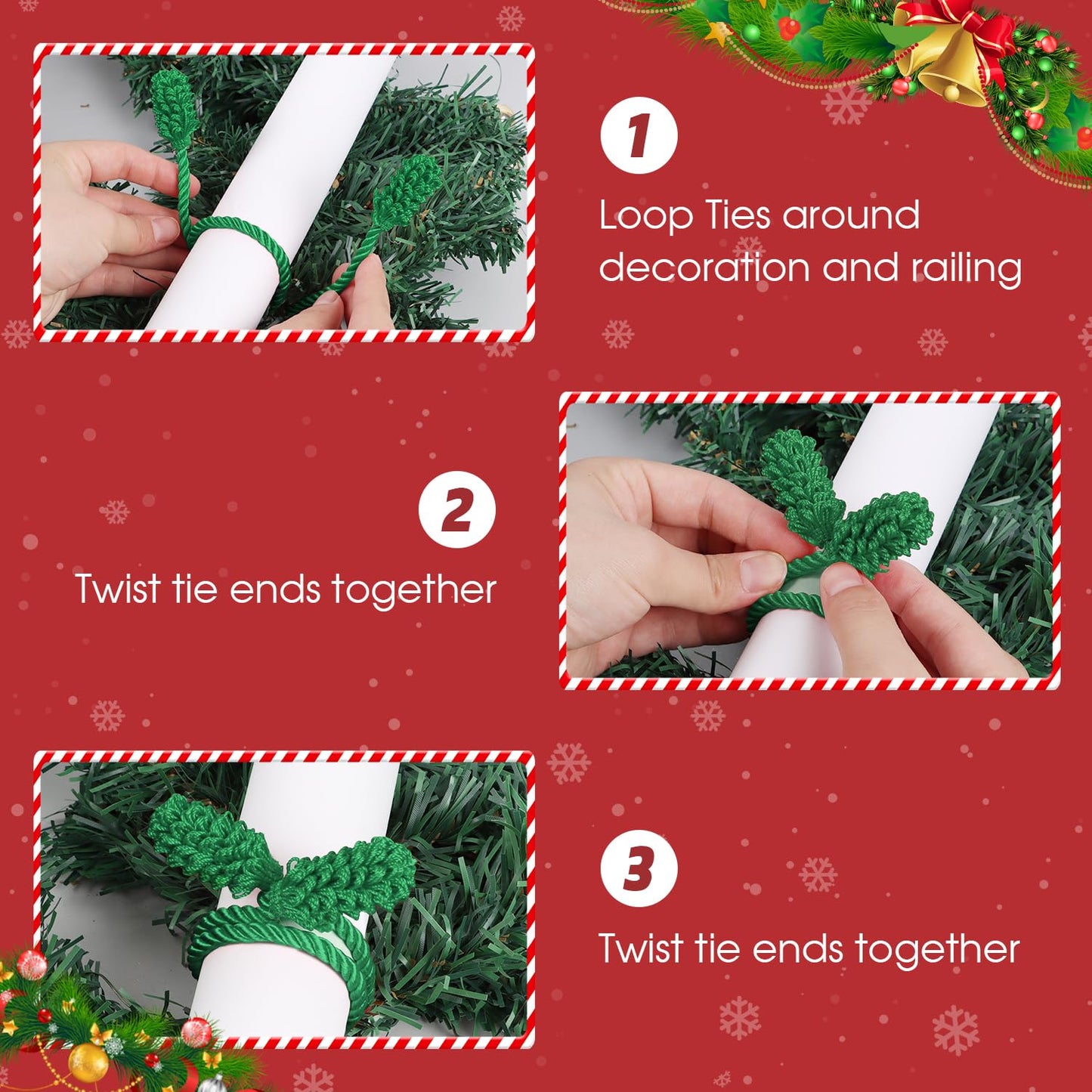 DIYASY Christmas Garland Ties, 12 Pcs Green Banister Ties Decorative Twist Tie for Stairs Reusable & Flexible Railing Wraps Xmas Home Decorations