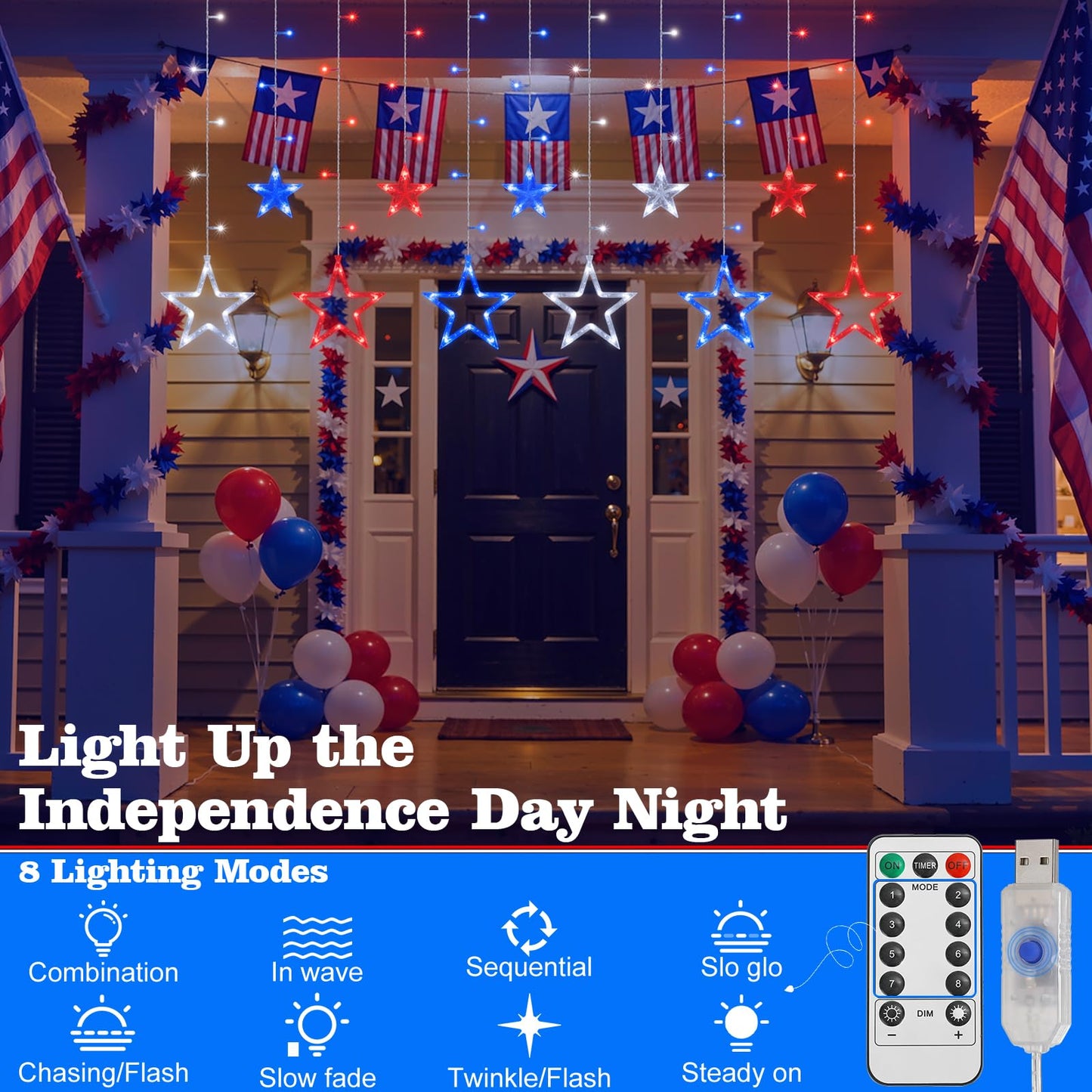 Lewondr 4th of July Curtain String Lights, 11.5FT 138 LED Hanging Patriotic Star Icicle Lights with 6H Timer, 8 Modes, USB, Red White and Blue 4th of July Decorations for Independence Memorial Day