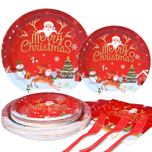 LOOWVY Christmas Paper Plates and Napkins Set, Christmas Plates Cups Napkins Forks Tablewares Party Supplies Serve 24