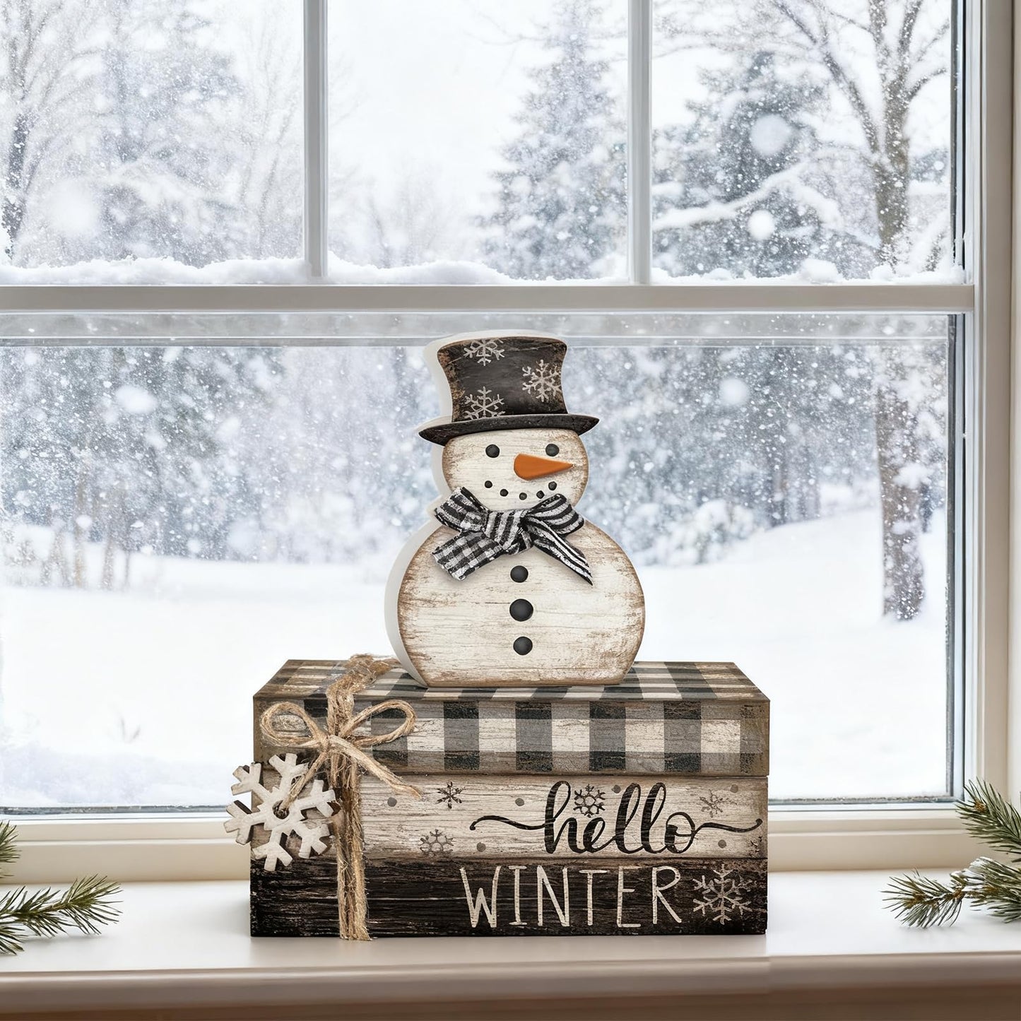Anglechic 4 Pcs Winter Snowman Decor Hello Winter Table Decorations Christmas Tiered Tray Decor Centerpiece Indoor Rustic Wooden Snowman Block Sign Gift Farmhouse for Home Kitchen Shelf
